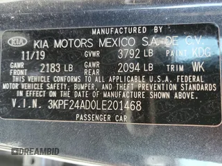 2020 Kia Forte LXS with VIN 3KPF24AD0LE201468, listed as a Copart auction lot 49839235 with 105,163 mi miles and Salvage Title. Bid and sale history available at carsss.com. Image 12.