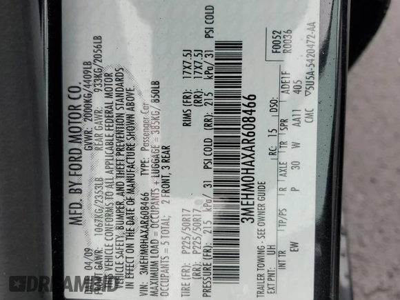2010 Mercury Milan with VIN 3MEHM0HAXAR608466, listed as a Copart auction lot 56481315 with 60,434 mi miles and Salvage title. Bid and sale history available at DreamBid. Image 13.