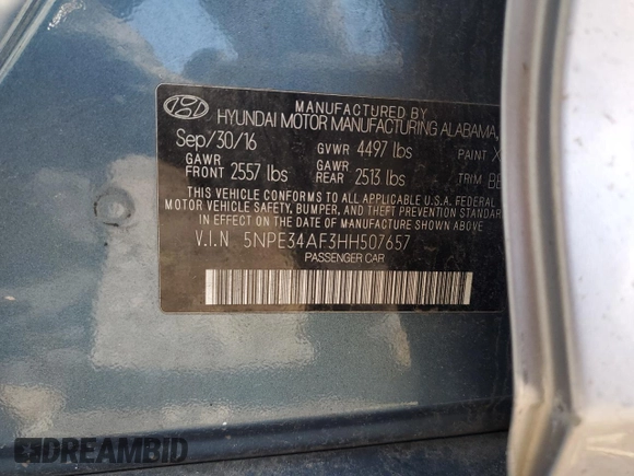 2017 Hyundai Sonata Sport with VIN 5NPE34AF3HH507657, listed as a Copart auction lot 50701345 with Not Provided miles and Salvage Title. Bid and sale history available at DreamBid. Image 12.