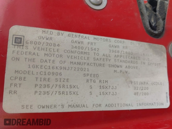 1992 GMC Suburban z VIN 1GKEC16K9NJ722021, wystawiony jako IAAI lot #42255371 z przebiegiem 180 966 mil mil oraz . Historia ofert i sprzedaży dostępna na DreamBid. Obrazek 9.