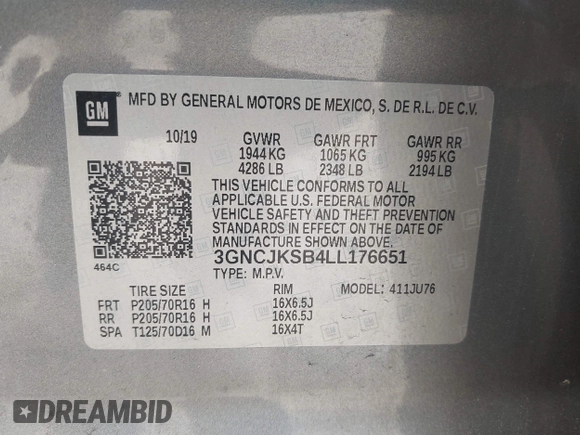 2020 Chevrolet Trax LS z VIN 3GNCJKSB4LL176651, wystawiony jako IAAI lot #42126535 z przebiegiem 118 420 mil mil oraz . Historia ofert i sprzedaży dostępna na DreamBid. Obrazek 9.