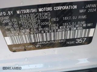 2024 Mitsubishi Outlander Sport S with VIN JA4ARUAU1RU014847, listed as a IAAI auction lot 41465481 with 5,654 mi miles. Bid and sale history available at carsss.com. Image 9.