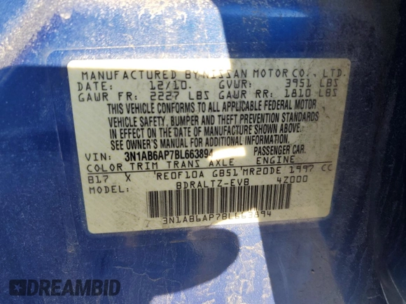 2011 Nissan Sentra S with VIN 3N1AB6AP7BL663894, listed as a Copart auction lot 42752585 with 98,015 mi miles and Clean Title. Bid and sale history available at DreamBid. Image 12.