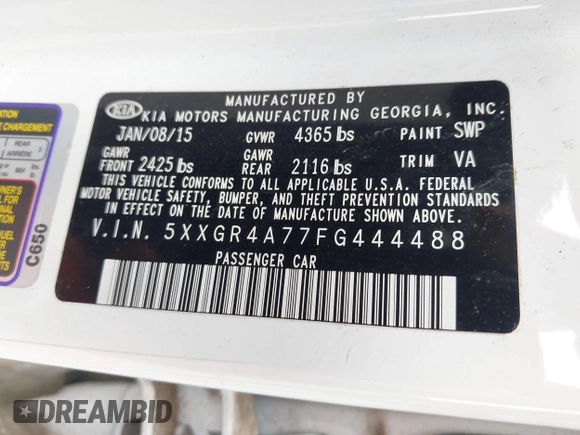 2015 Kia Optima SX with VIN 5XXGR4A77FG444488, listed as a IAAI auction lot 42284483 with 119,359 mi miles and . Bid and sale history available at DreamBid. Image 9.