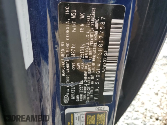 2017 Kia Optima EX with VIN 5XXGU4L35HG177587, listed as a Copart auction lot 49909125 with Not Provided miles and Clean Title. Bid and sale history available at carsss.com. Image 12.
