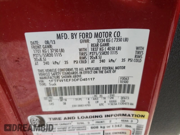 2013 Ford F-150 XL with VIN 1FTFW1EF3DFD45117, listed as a Copart auction lot 49135555 with 81,983 mi miles and Salvage Title. Bid and sale history available at carsss.com. Image 12.