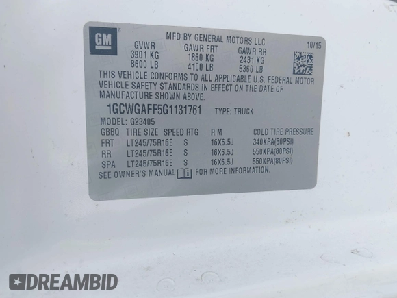 2016 Chevrolet Express Cargo z VIN 1GCWGAFF5G1131761, wystawiony jako IAAI lot #42454440 z przebiegiem 202 356 mil mil oraz . Historia ofert i sprzedaży dostępna na DreamBid. Obrazek 9.