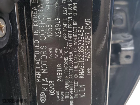 2008 Kia Optima LX with VIN KNAGE123185239484, listed as a Copart auction lot 77323373 with 74,199 mi miles and Clean Title. Bid and sale history available at carsss.com. Image 12.