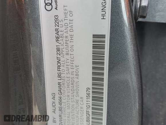 2016 Audi A3 2.0T Premium with VIN WAUB8GFF1G1115679, listed as a Copart auction lot 44191885 with 0 mi miles and Salvage Title. Bid and sale history available at carsss.com. Image 13.
