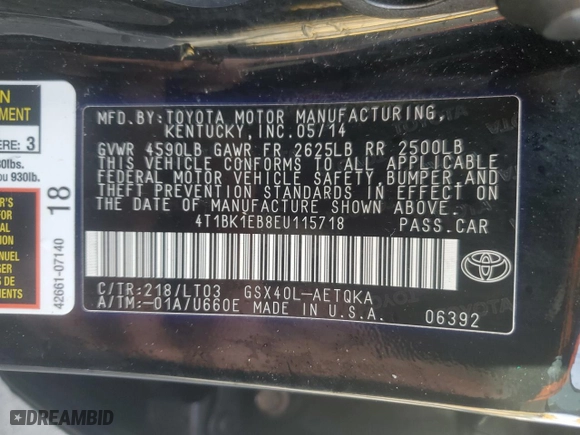 2014 Toyota Avalon Limited with VIN 4T1BK1EB8EU115718, listed as a Copart auction lot 49987715 with 0 mi miles and Salvage Title. Bid and sale history available at carsss.com. Image 12.