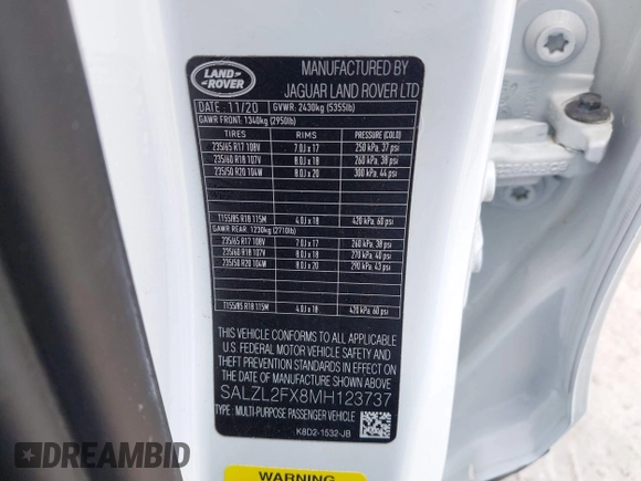 2021 Land Rover Range Rover Evoque R-Dynamic SE z VIN SALZL2FX8MH123737, wystawiony jako IAAI lot #42148598 z przebiegiem 22 331 mil mil oraz . Historia ofert i sprzedaży dostępna na DreamBid. Obrazek 9.