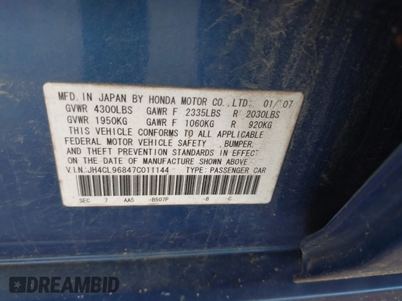 2007 Acura TSX with VIN JH4CL96847C011144, listed as a IAAI auction lot 42582684 with 263,010 mi miles and . Bid and sale history available at DreamBid. Image 9.