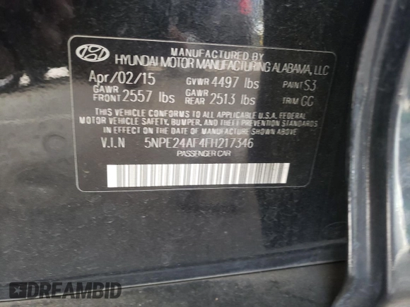 2015 Hyundai Sonata 2.4L SE with VIN 5NPE24AF4FH217346, listed as a Copart auction lot 53923845 with 104,000 mi miles and Salvage Title. Bid and sale history available at carsss.com. Image 12.