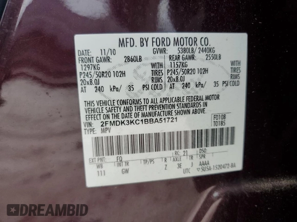 2011 Ford Edge Limited z VIN 2FMDK3KC1BBA51721, wystawiony jako Copart lot #54896375 z przebiegiem 175 564 mil mil oraz Szkoda całkowita • Salvage title. Historia ofert i sprzedaży dostępna na DreamBid. Obrazek 13.