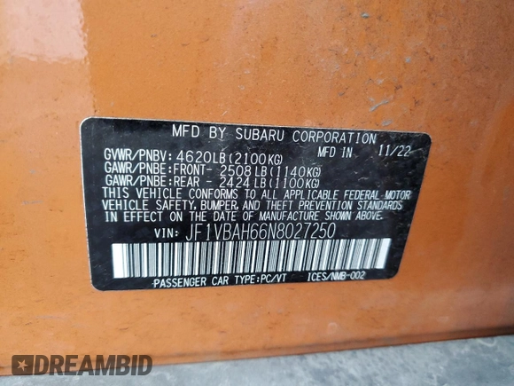 2022 Subaru WRX Premium with VIN JF1VBAH66N8027250, listed as a Copart auction lot 86513694 with 14,669 mi miles and Salvage Title. Bid and sale history available at carsss.com. Image 12.