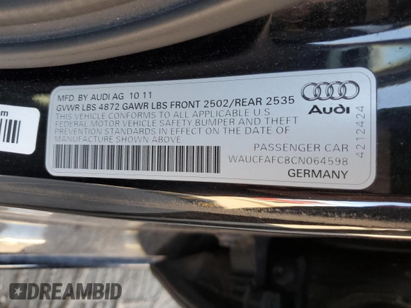 2012 Audi A6 2.0T Premium with VIN WAUCFAFC8CN064598, listed as a Copart auction lot 73256394 with 160,995 mi miles and Clean Title. Bid and sale history available at carsss.com. Image 12.