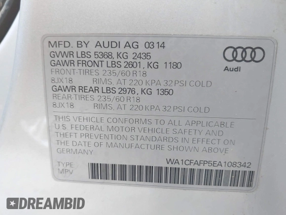 2014 Audi Q5 Premium z VIN WA1CFAFP5EA108342, wystawiony jako IAAI lot #42371378 z przebiegiem 78 602 mil mil oraz . Historia ofert i sprzedaży dostępna na DreamBid. Obrazek 9.