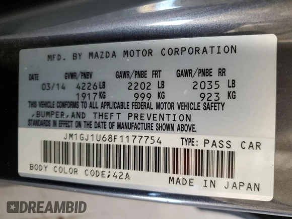 2015 Mazda 6 i Sport with VIN JM1GJ1U68F1177754, listed as a Copart auction lot 45692045 with 164,905 mi miles and Clean Title. Bid and sale history available at DreamBid. Image 12.