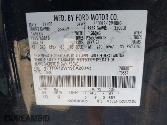 2009 Ford F-150 STX z VIN 1FTRX12W19FA20343, wystawiony jako IAAI lot #42573048 z przebiegiem 245 960 mil mil oraz . Historia ofert i sprzedaży dostępna na DreamBid. Obrazek 9.