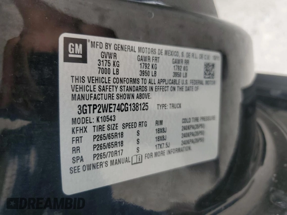 2012 GMC Sierra 1500 SLT with VIN 3GTP2WE74CG138125, listed as a Copart auction lot 56485025 with 104,806 mi miles and Clean title. Bid and sale history available at DreamBid. Image 12.