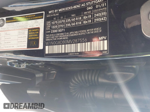 2021 Mercedes-Benz GLC 300 with VIN W1N0G8DB0MV287556, listed as a IAAI auction lot 41001311 with Not provided miles and . Bid and sale history available at DreamBid. Image 9.