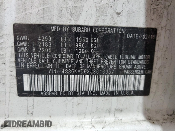 2018 Subaru Impreza Premium with VIN 4S3GKAD6XJ3616057, listed as a Copart auction lot 54500545 with 109,502 mi miles and Salvage title. Bid and sale history available at DreamBid. Image 12.