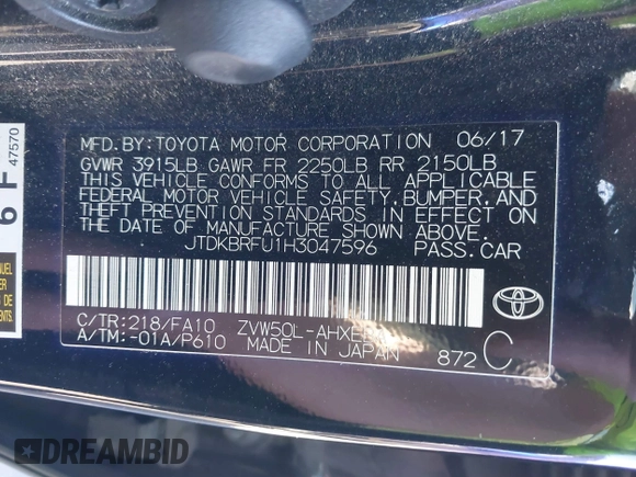 2017 Toyota Prius Two z VIN JTDKBRFU1H3047596, wystawiony jako IAAI lot #41868277 z przebiegiem 160 824 mil mil oraz . Historia ofert i sprzedaży dostępna na DreamBid. Obrazek 9.