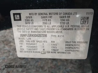 2013 Chevrolet Equinox LTZ z VIN 2GNFLGEK8D6257206, wystawiony jako IAAI lot #42009426 z przebiegiem 111 823 mil mil oraz . Historia ofert i sprzedaży dostępna na DreamBid. Obrazek 9.