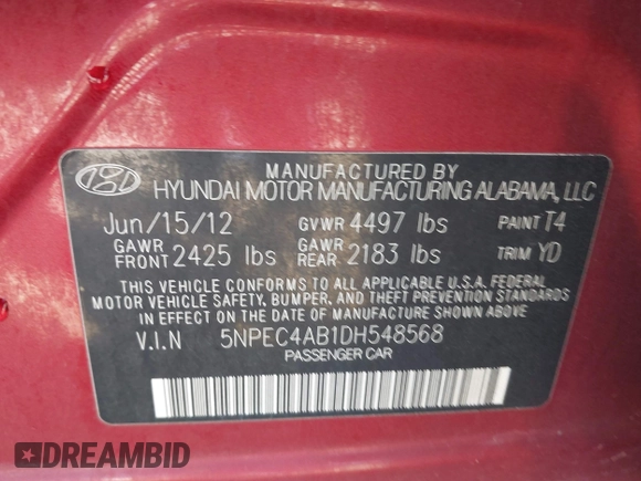 2013 Hyundai Sonata Limited with VIN 5NPEC4AB1DH548568, listed as a IAAI auction lot 41604793 with 212,137 mi miles and . Bid and sale history available at carsss.com. Image 9.