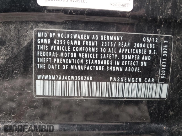 2012 Volkswagen Golf TDI z VIN WVWDM7AJ4CW350268, wystawiony jako Copart lot #85113574 z przebiegiem 184 847 mil mil oraz Szkoda całkowita • Salvage title. Historia ofert i sprzedaży dostępna na DreamBid. Obrazek 12.