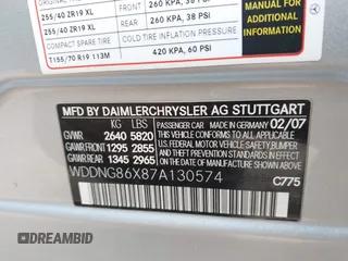 2007 Mercedes-Benz S 550 with VIN WDDNG86X87A130574, listed as a IAAI auction lot 41446793 with 130,606 mi miles and . Bid and sale history available at DreamBid. Image 9.