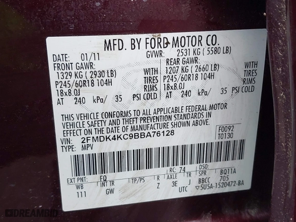 2011 Ford Edge Limited with VIN 2FMDK4KC9BBA76128, listed as a IAAI auction lot 41922538 with 146,789 mi miles. Bid and sale history available at carsss.com. Image 9.