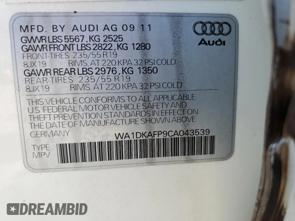 2012 Audi Q5 Premium Plus z VIN WA1DKAFP9CA043539, wystawiony jako Copart lot #53987635 z przebiegiem 179 979 mil mil oraz Czysty tytuł • Clean title. Historia ofert i sprzedaży dostępna na DreamBid. Obrazek 13.