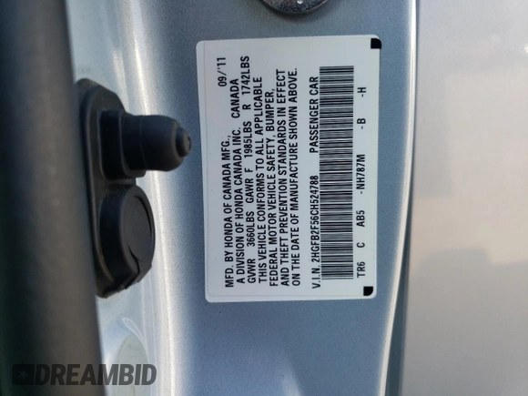2012 Honda Civic LX с VIN 2HGFB2F56CH524788, выставлен на аукционе Copart как лот 60326815 с пробегом 160 271 миль миль и Списание • Salvage title. История ставок и продаж доступна на DreamBid. Изображение 12.