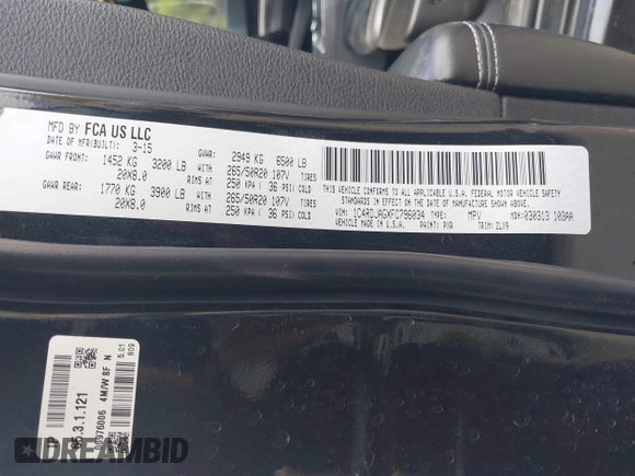 2015 Dodge Durango SXT with VIN 1C4RDJAGXFC796034, listed as a IAAI auction lot 42057983 with 159,108 mi miles and . Bid and sale history available at DreamBid. Image 9.