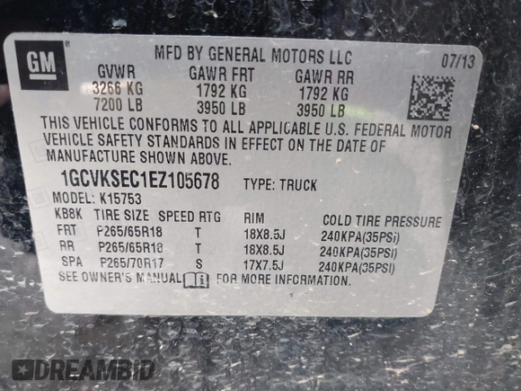 2014 Chevrolet Silverado 1500 LTZ with VIN 1GCVKSEC1EZ105678, listed as a IAAI auction lot 41299817 with 142,014 mi miles and . Bid and sale history available at DreamBid. Image 9.