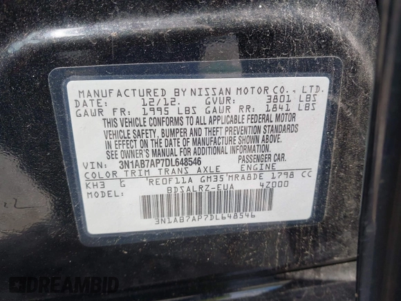 2013 Nissan Sentra SR z VIN 3N1AB7AP7DL648546, wystawiony jako IAAI lot #41881015 z przebiegiem 163 175 mil mil oraz . Historia ofert i sprzedaży dostępna na DreamBid. Obrazek 9.