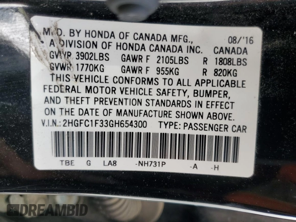 2016 Honda Civic Sedan EX-T with VIN 2HGFC1F33GH654300, listed as a Copart auction lot 51595945 with 150,574 mi miles and Salvage Title. Bid and sale history available at carsss.com. Image 13.
