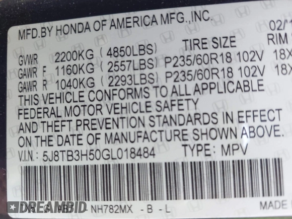 2016 Acura RDX Technology with VIN 5J8TB3H50GL018484, listed as a IAAI auction lot 42312036 with 115,311 mi miles and . Bid and sale history available at DreamBid. Image 9.