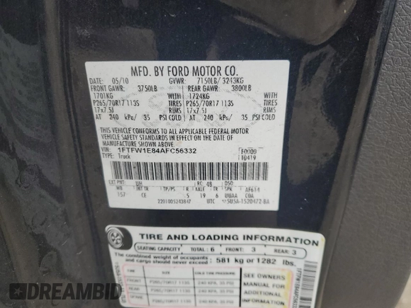 2010 Ford F-150 XL with VIN 1FTFW1E84AFC56332, listed as a Copart auction lot 49137075 with 86,620 mi miles and Salvage Title. Bid and sale history available at carsss.com. Image 12.