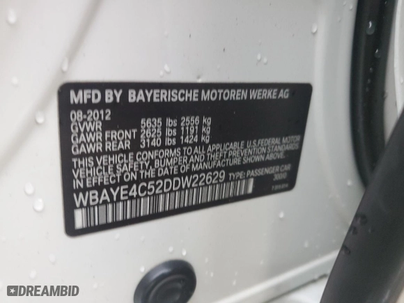 2013 BMW 7 Series 740Li with VIN WBAYE4C52DDW22629, listed as a Copart auction lot 44608645 with 163,135 mi miles and Salvage Title. Bid and sale history available at carsss.com. Image 12.