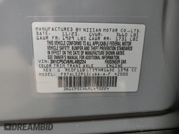 2024 Nissan Kicks SV z VIN 3N1CP5CV6RL495224, wystawiony jako Copart lot #58130655 z przebiegiem 7 927 mil mil oraz Szkoda całkowita • Salvage title. Historia ofert i sprzedaży dostępna na DreamBid. Obrazek 14.