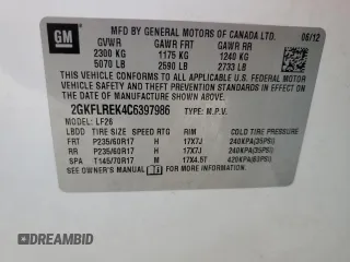 2012 GMC Terrain SLE-1 with VIN 2GKFLREK4C6397986, listed as a Copart auction lot 64011074 with 130,779 mi miles and Salvage Title. Bid and sale history available at carsss.com. Image 13.