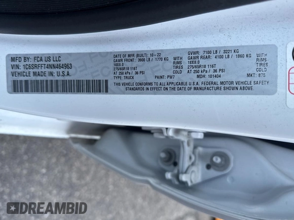 2022 Ram 1500 Lone Star with VIN 1C6SRFFT4NN464963, listed as a Copart auction lot 45775405 with 30,494 mi miles and Non repairable. Bid and sale history available at DreamBid. Image 10.