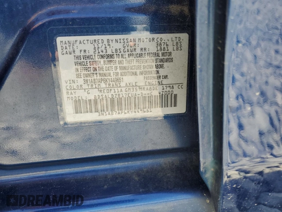 2019 Nissan Sentra SV with VIN 3N1AB7AP6KY449651, listed as a Copart auction lot 56881514 with Not Provided miles and Salvage Title. Bid and sale history available at carsss.com. Image 12.
