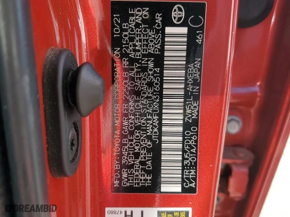 2022 Toyota Prius L Eco with VIN JTDKAMFUXN3160514, listed as a Copart auction lot 42421335 with 53,619 mi miles and Salvage Title. Bid and sale history available at carsss.com. Image 14.