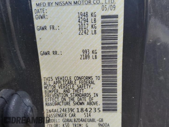 2009 Nissan Altima 2.5 S with VIN 1N4AL24E39C184235, listed as a Copart auction lot 51761725 with 230,377 mi miles and Salvage Title. Bid and sale history available at carsss.com. Image 12.
