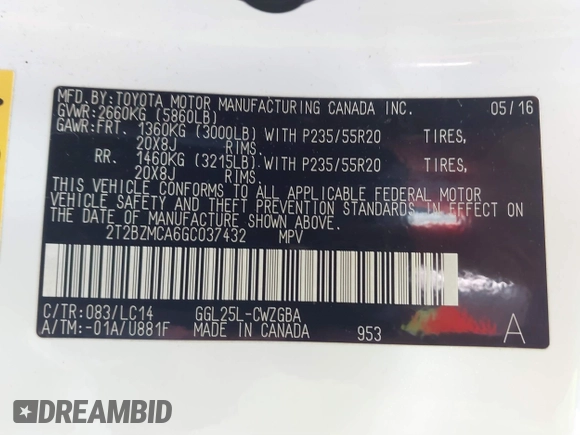 2016 Lexus RX 350 with VIN 2T2BZMCA6GC037432, listed as a IAAI auction lot 41610807 with 126,997 mi miles and . Bid and sale history available at DreamBid. Image 9.