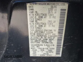 2006 Nissan Xterra SE with VIN 5N1AN08UX6C546126, listed as a IAAI auction lot 41772816 with 206,358 mi miles and . Bid and sale history available at carsss.com. Image 9.
