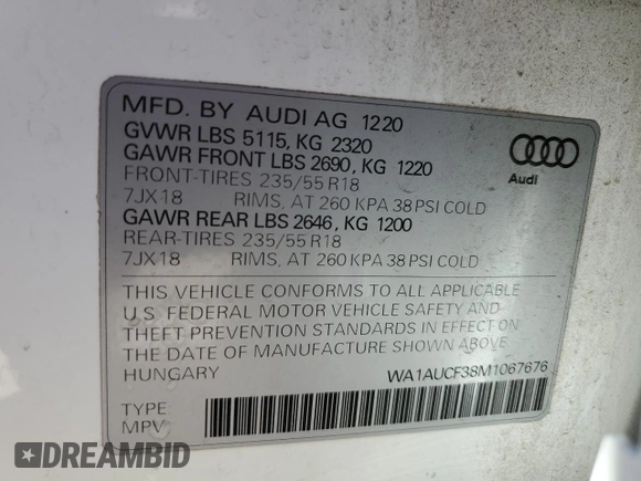 2021 Audi Q3 Premium z VIN WA1AUCF38M1067676, wystawiony jako Copart lot #71621704 z przebiegiem 77 395 mil mil oraz Szkoda całkowita • Salvage title. Historia ofert i sprzedaży dostępna na DreamBid. Obrazek 13.